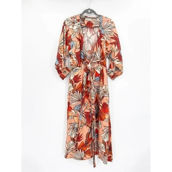 Nicholas Asilah Tropical Floral Print Orange Tie Front V-Neck Midi Dress Size 10